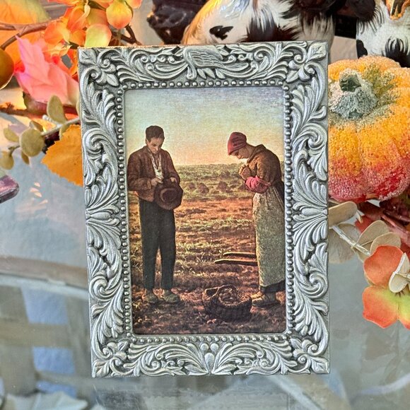 Vintage Pewter Framed Picture of The Angelus - Picture 1 of 8